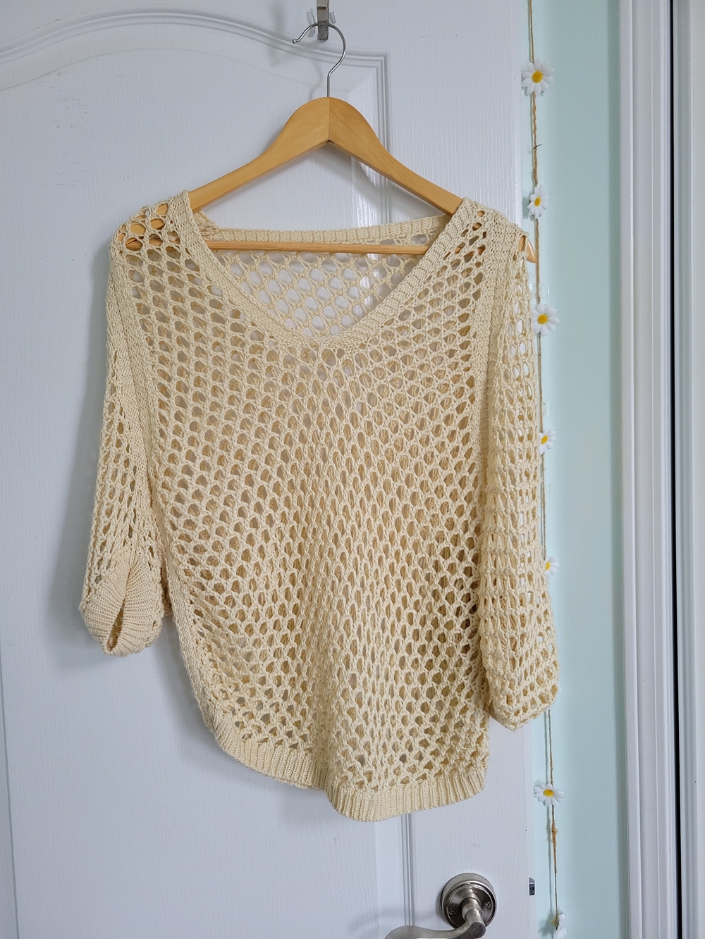 Cream Open-Knit V-Neck Sweater